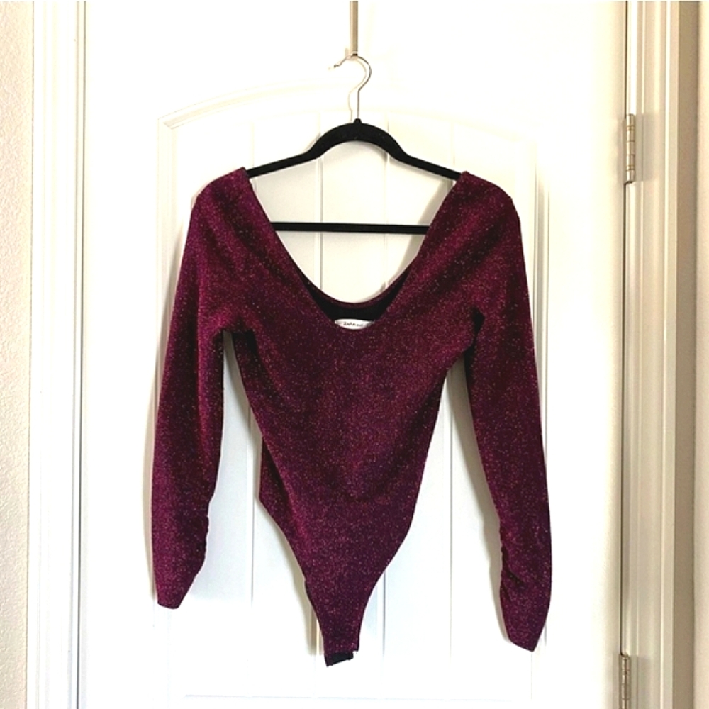 ZARA Knit Sparkly Red Long Sleeve Vneck Body Suit
